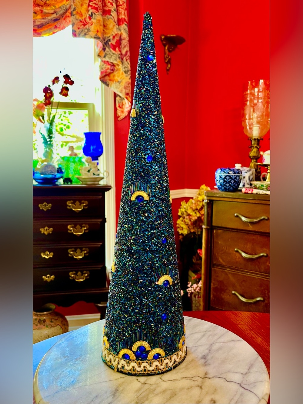 18" Beaded Cone Christmas Tree Art Deco Navy Blue & Peacock Teal Tabletop Decor